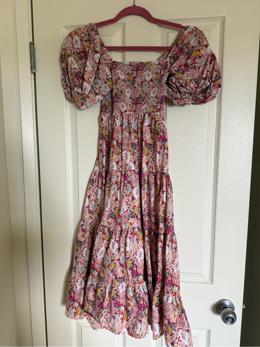 Pinch Pink Floral Puff-Sleeve Tiered Maxi Dress